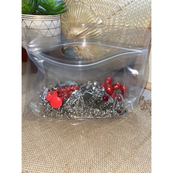 Mystery Jewelry Jar Bag Mostly Silver Tone & Red Costume Jewelry Most Preowned - Picture 2 of 4